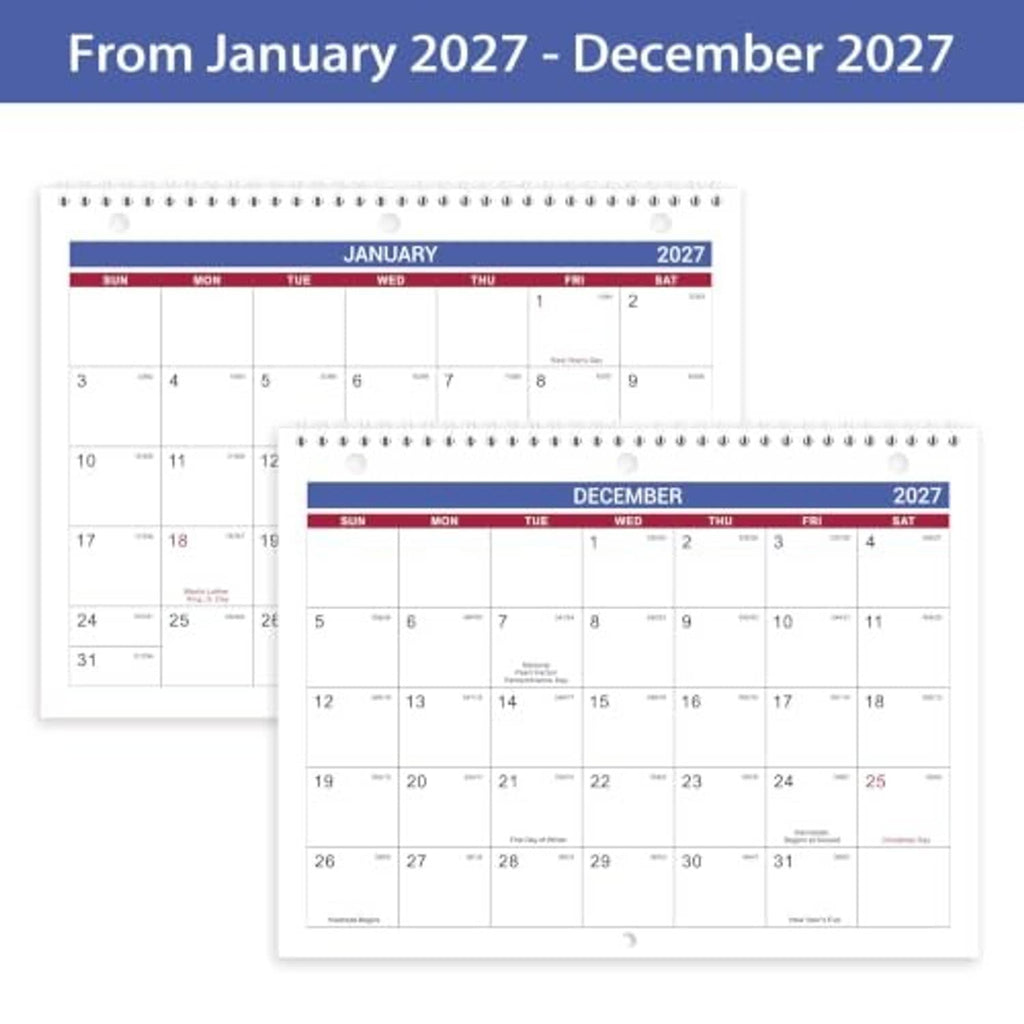 Spiral-bound wall calendar featuring January 2027 and December 2027 month grids.
