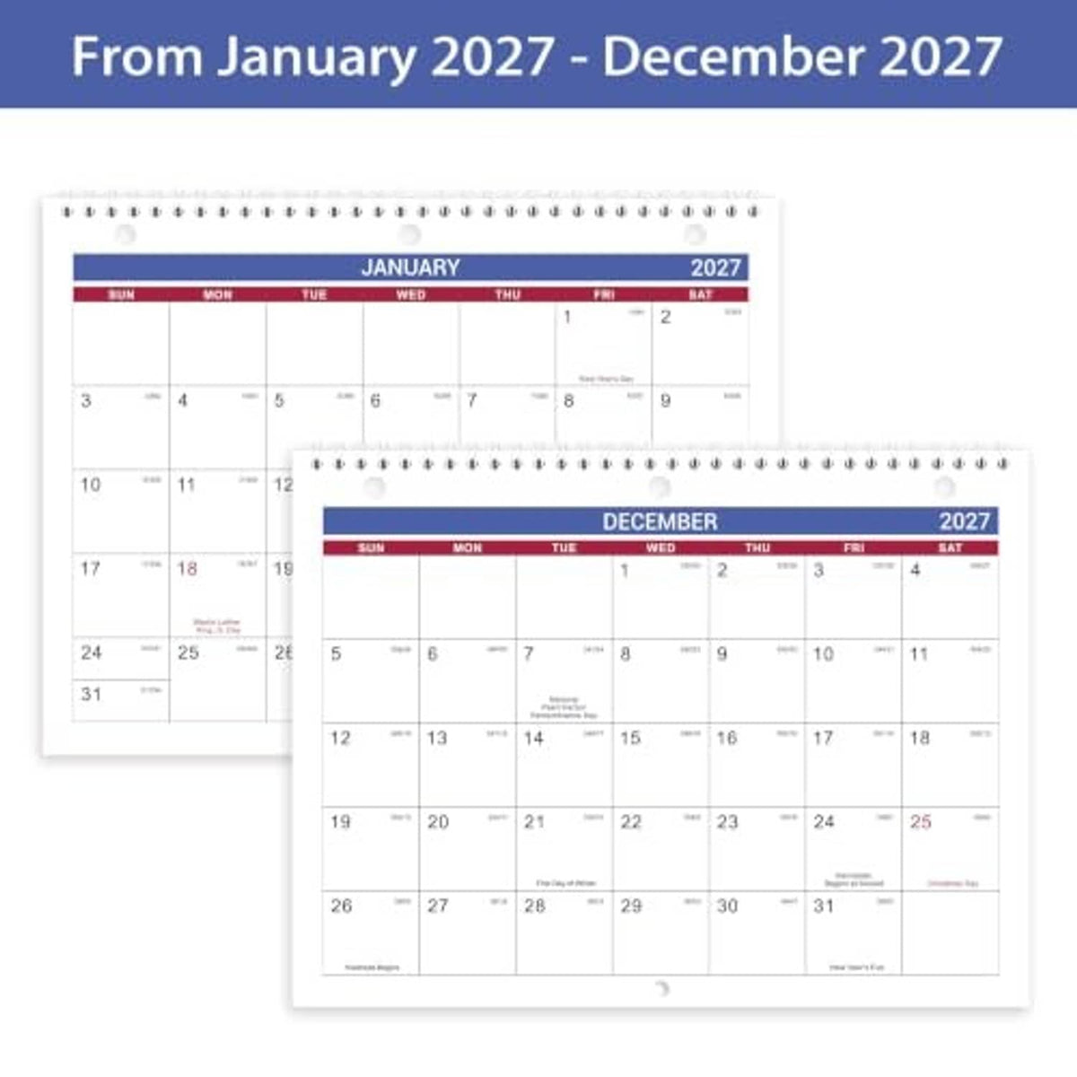 Spiral-bound wall calendar featuring January 2027 and December 2027 month grids.