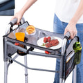 Folding walker tray table with cup holder and two side mesh pockets, holding drinks and food