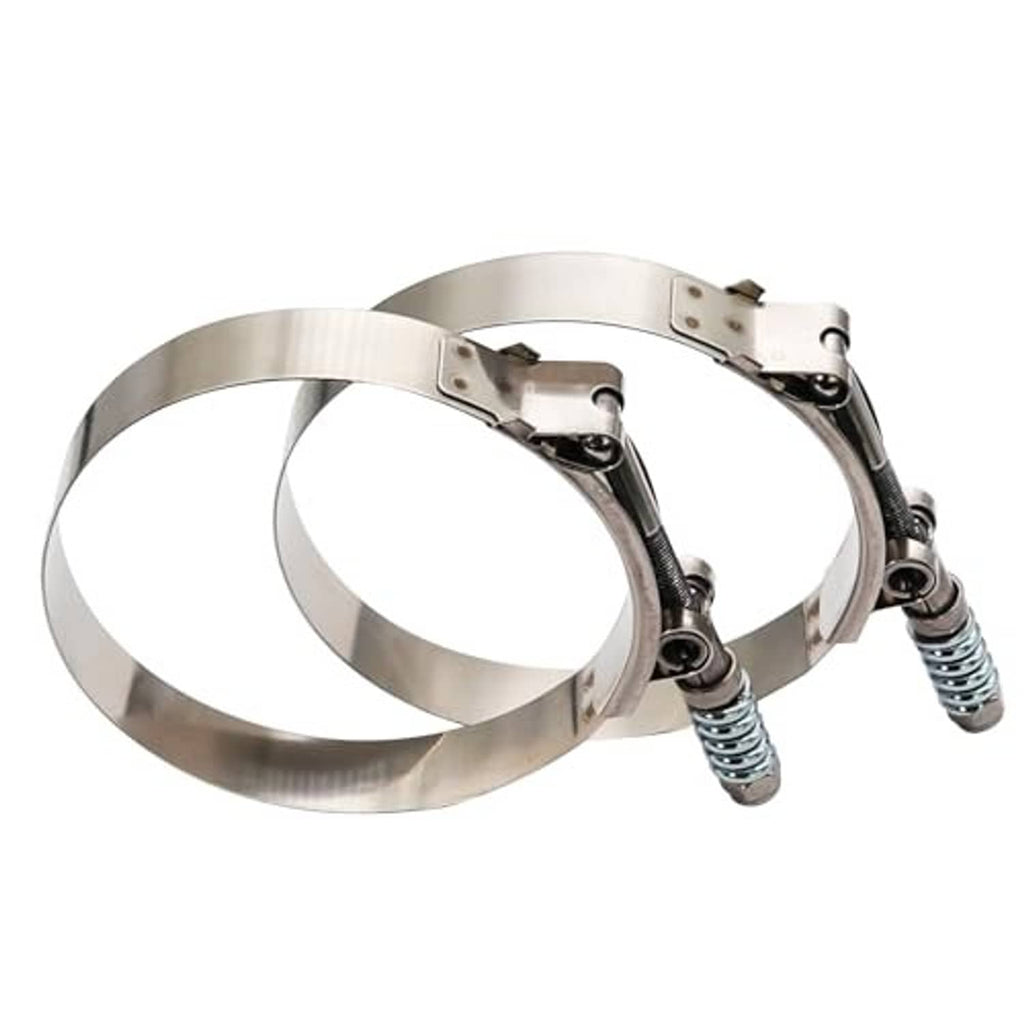 Stainless steel T-bolt hose clamp set with two circular bands and spring-loaded bolts