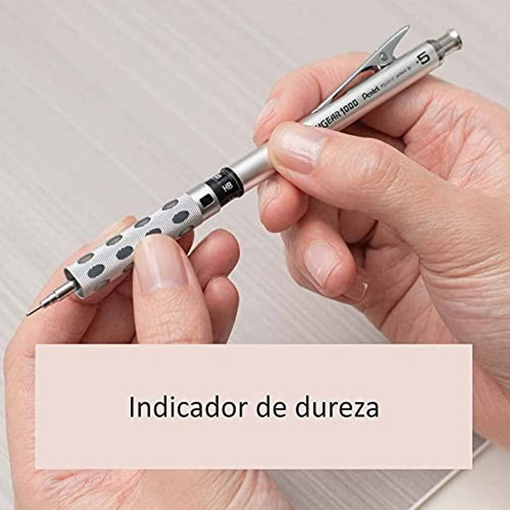Mechanical pencil with spotted grip and visible hardness indicator ring; held in hands