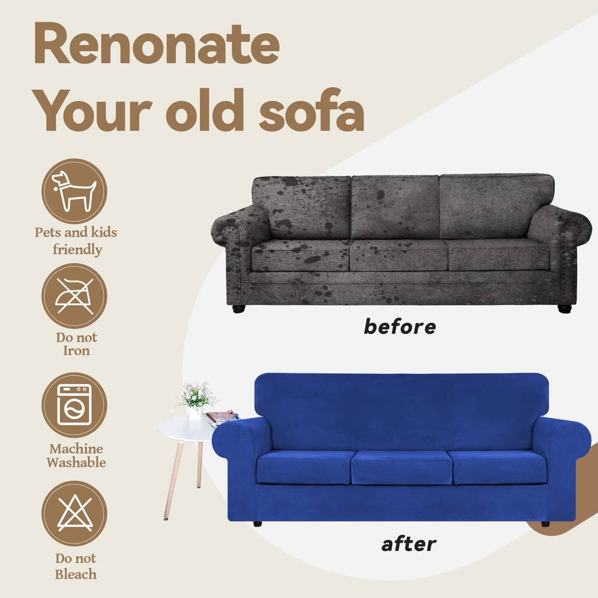 Royal blue sofa slipcover set for large 3-cushion couch, after-cover view