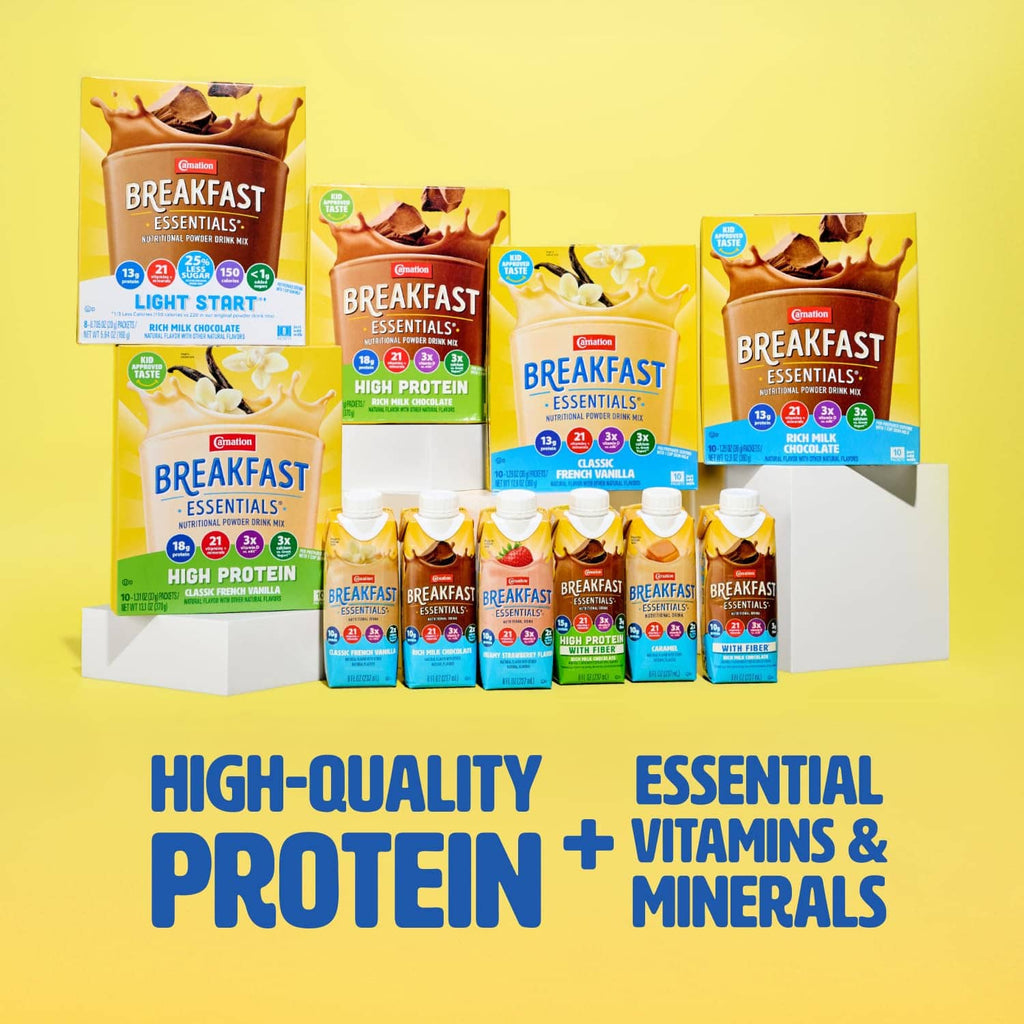 Breakfast Essentials high-protein powder drink mix assortment, assorted flavors on display