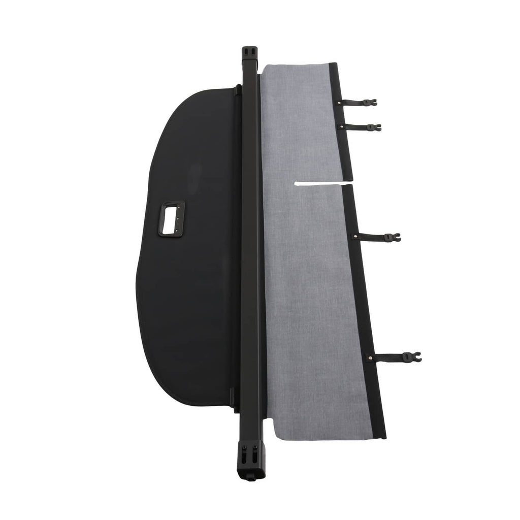 Rear trunk security shade cargo cover back/side view with gray fabric and black side shell