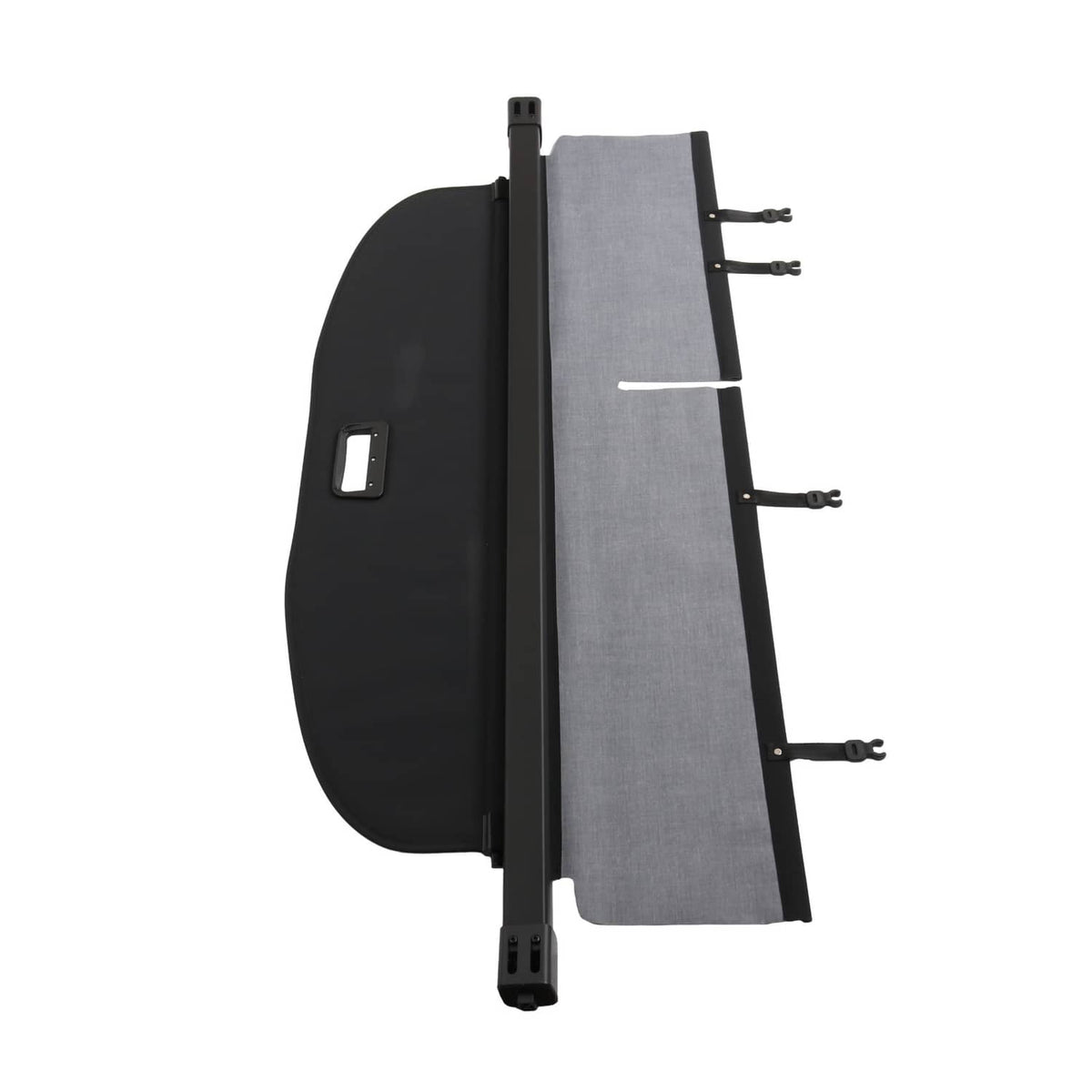 Rear trunk security shade cargo cover back/side view with gray fabric and black side shell