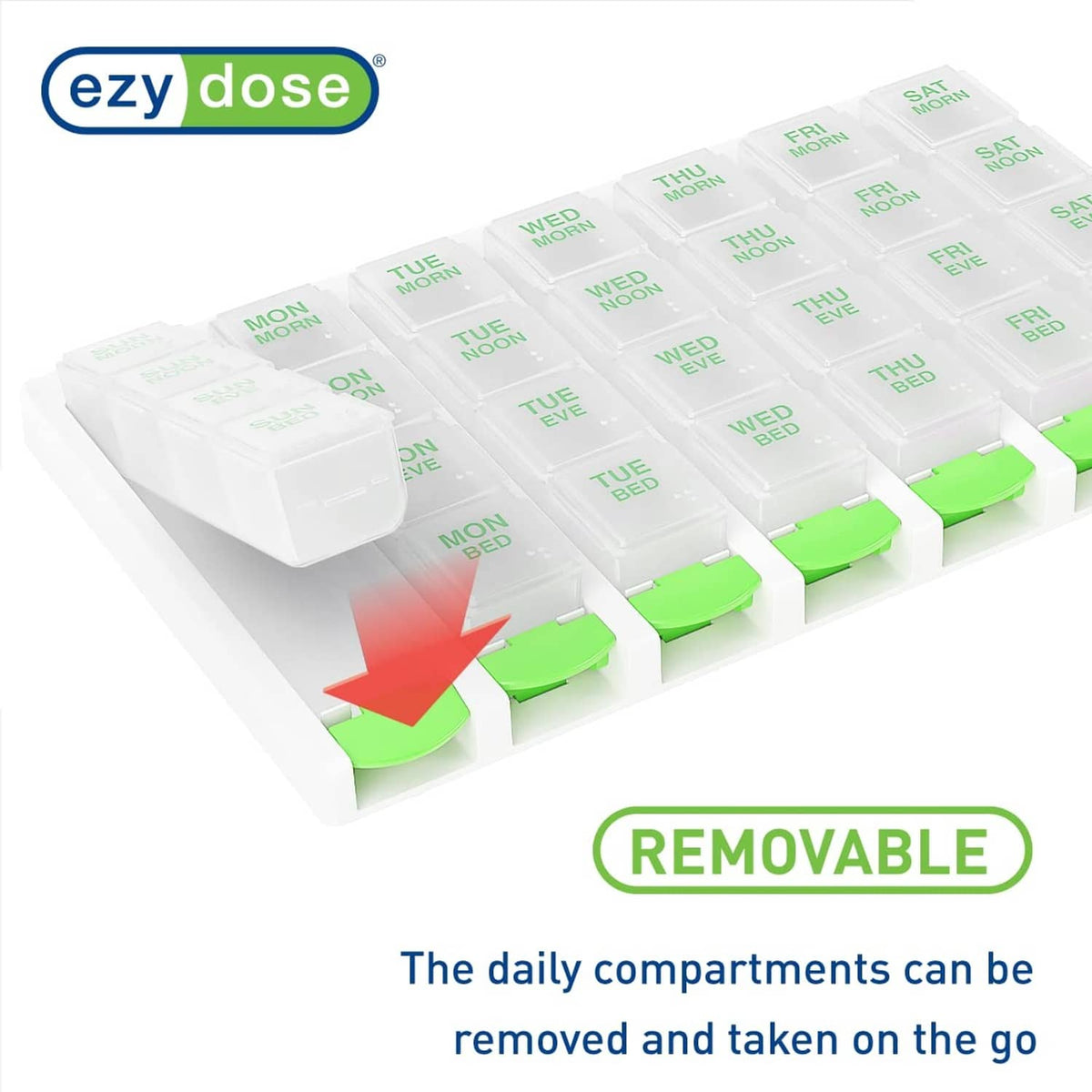 7-day pill organizer showing removable daily compartments with green base