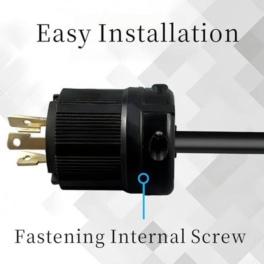 Twist-lock male plug with three gold terminals, black body, and internal fastening screw