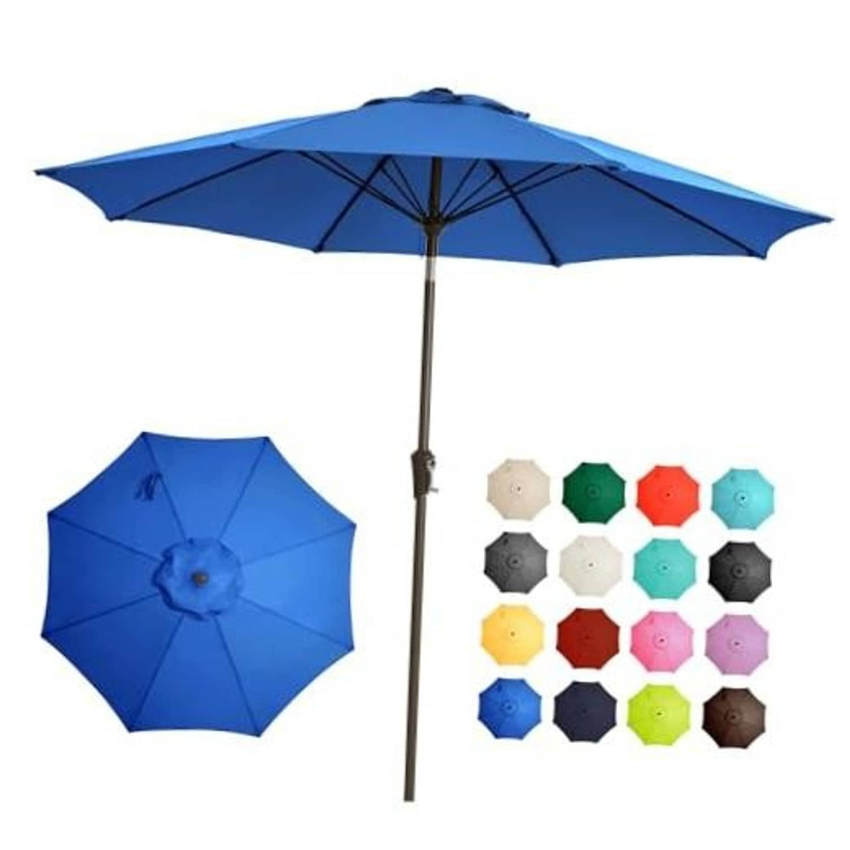 Blue patio umbrella open canopy with ribs and central pole