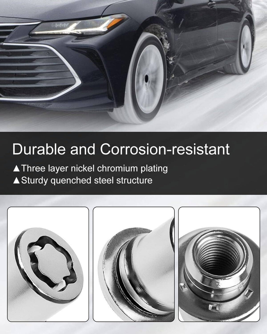 Chrome wheel lock lug nuts set with star key drive and threaded openings, corrosion-resistant look