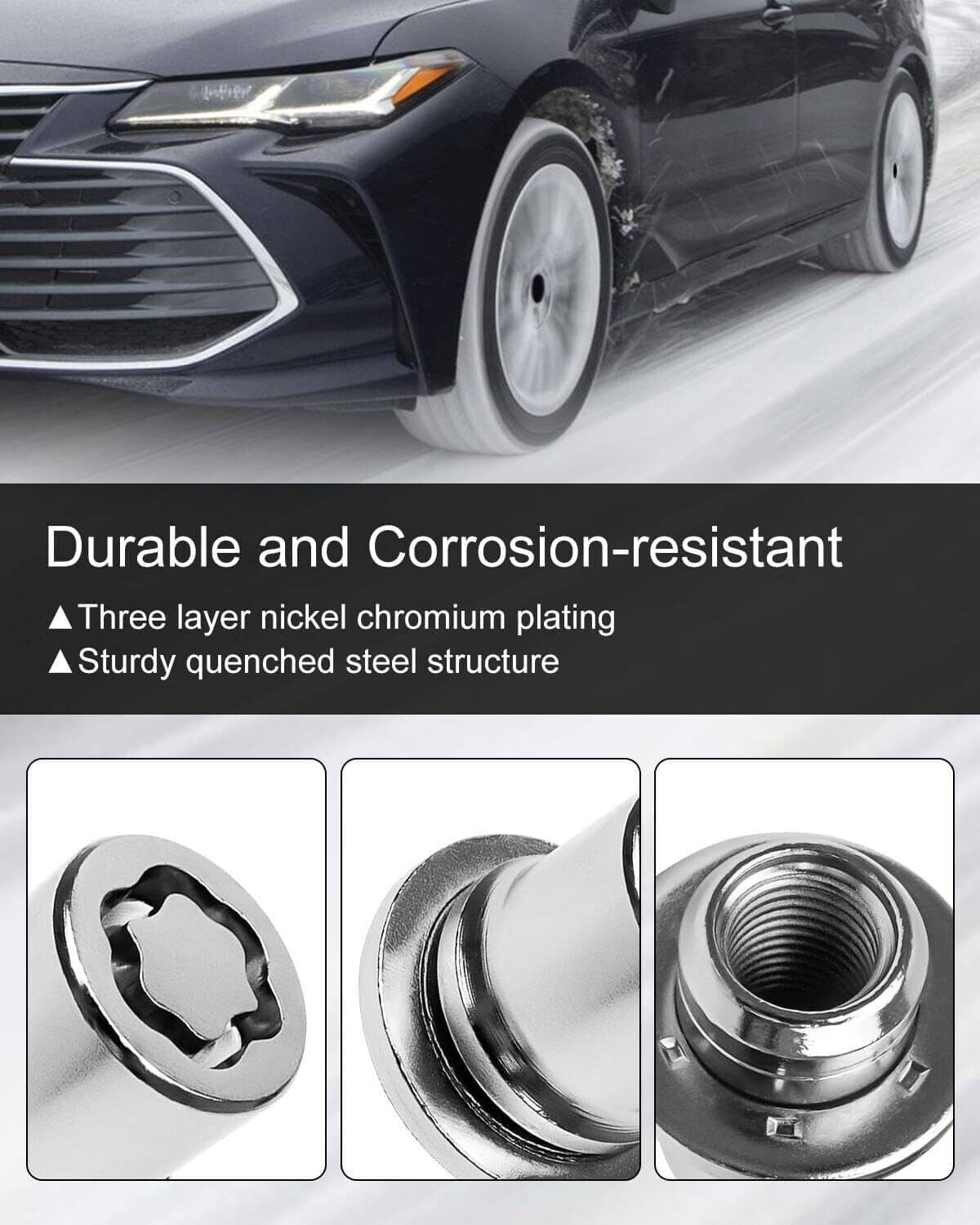 Chrome wheel lock lug nuts set with star key drive and threaded openings, corrosion-resistant look