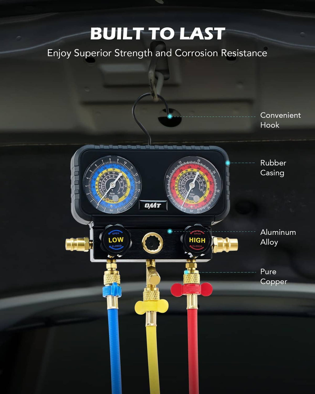 3-way manifold gauge set with rubber casing and colored hoses, brass low/high valves