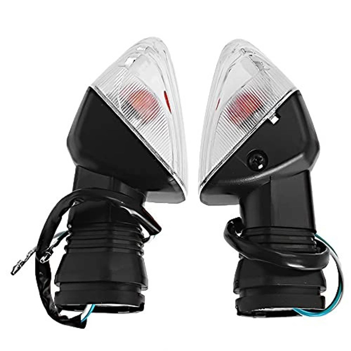 Pair of turn signal lights, clear front lenses on black housings with attached wiring