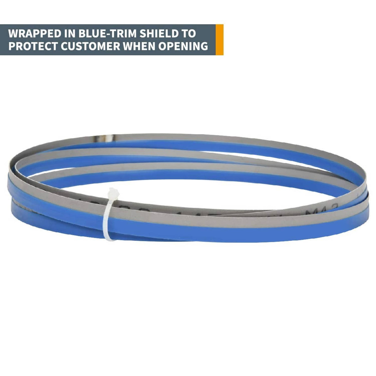 Band saw blade loop with blue protective trim ring around the perimeter
