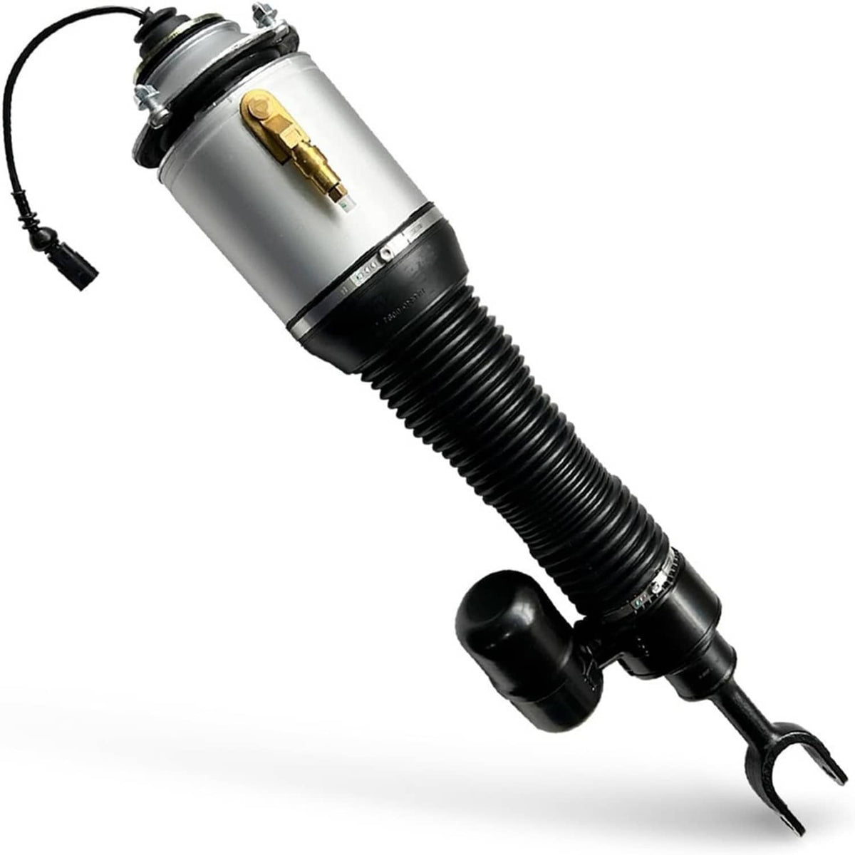 Front air suspension strut shock, silver air spring with gold valve fitting and black bellows