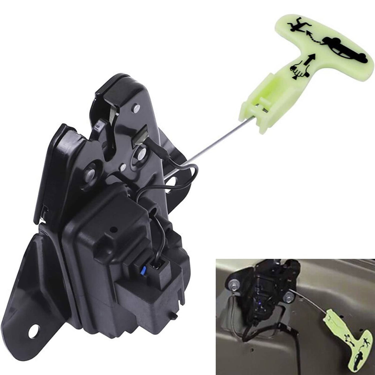 Black tailgate lock latch actuator with light green connector and side mounting plate