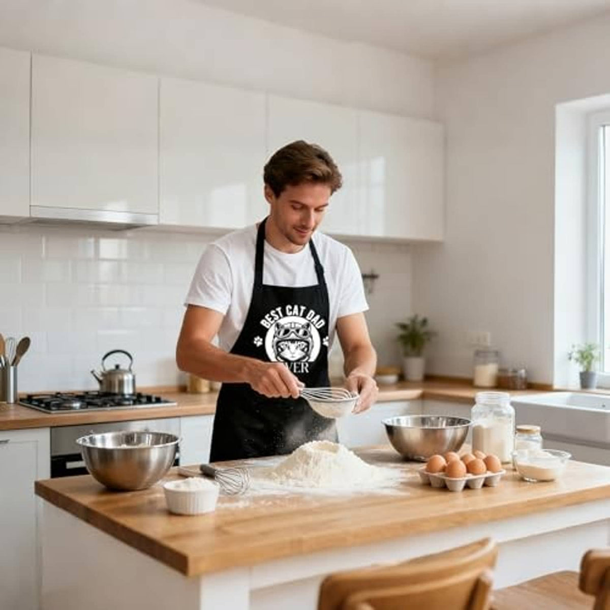 Black kitchen apron with cat graphic and adjustable neck strap worn during cooking.