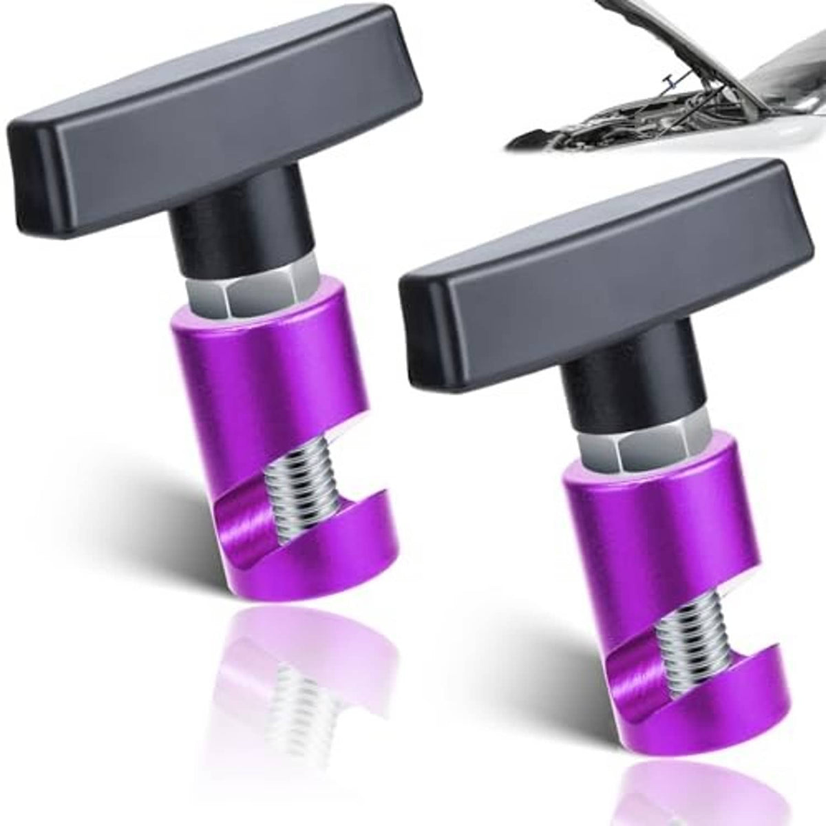 Pair of purple hood lift support clamps with black handles and silver threads.