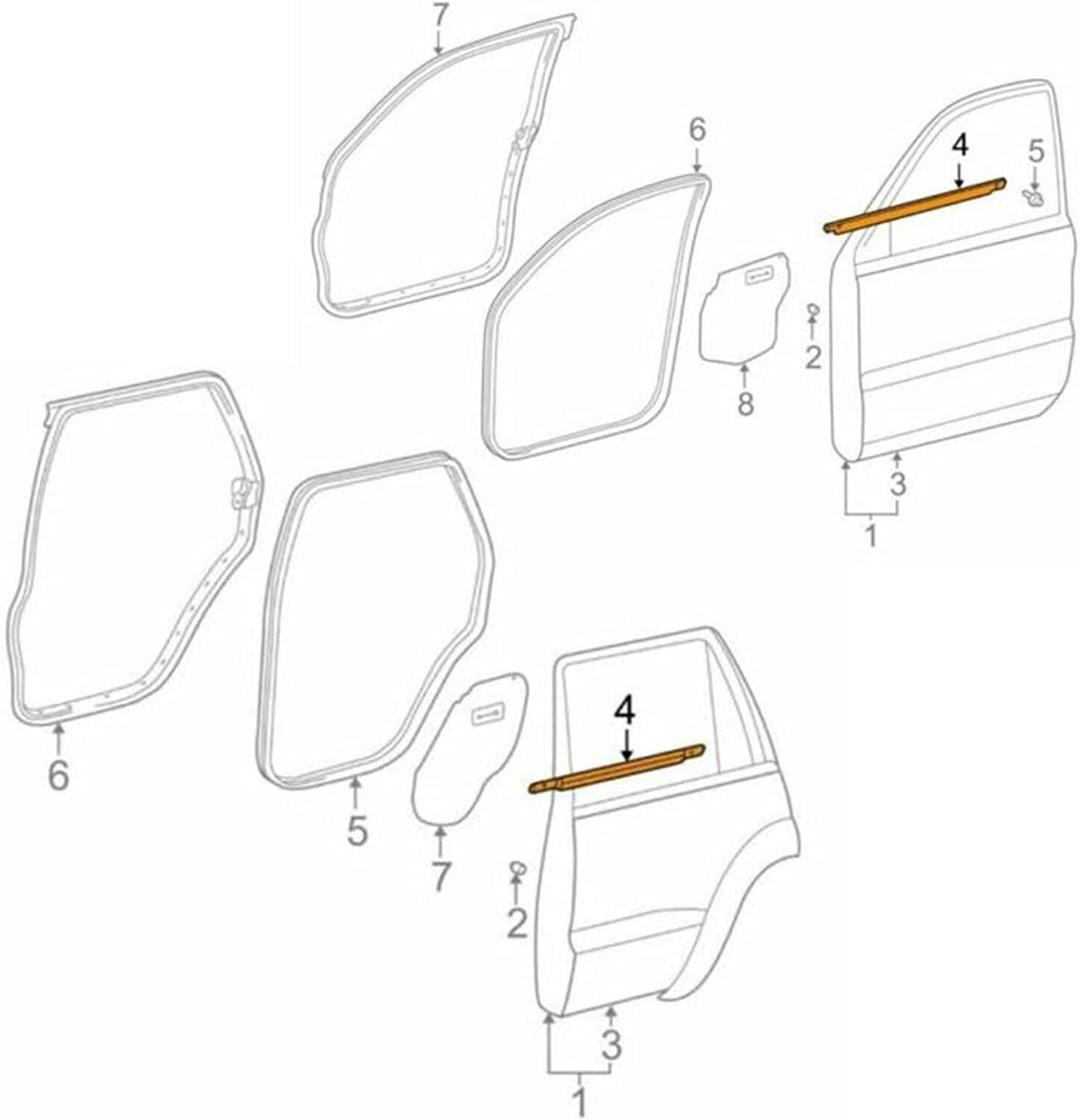 Diagram showing door installation positions for weatherstrip seal trim