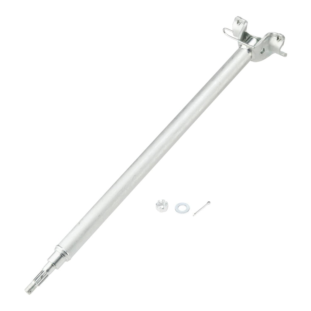 Silver steering stem shaft with top clamp; includes washer and pin hardware