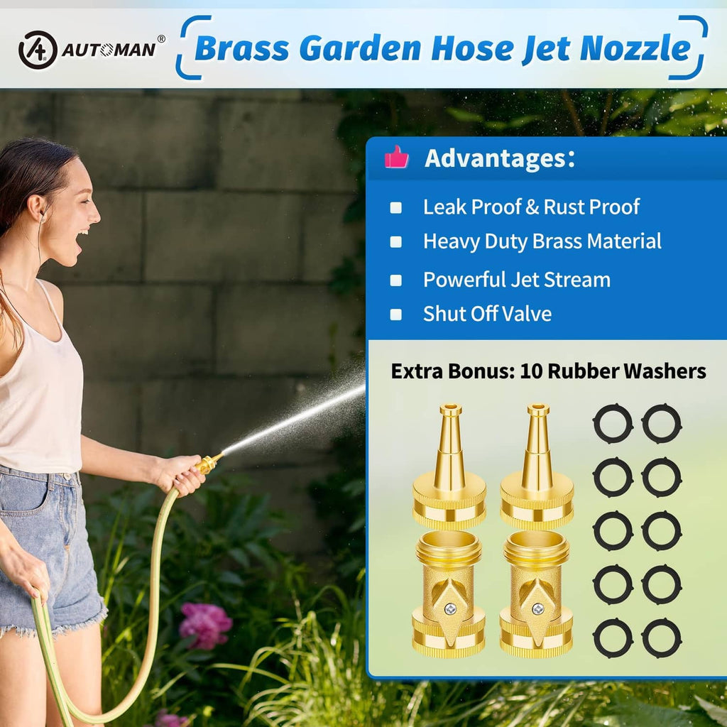 Brass garden hose jet nozzle spraying water, with shut-off valve and rubber washers
