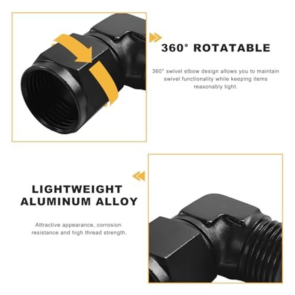 Black 90-degree swivel hose fitting adapter with rotating swivel ring and male threads