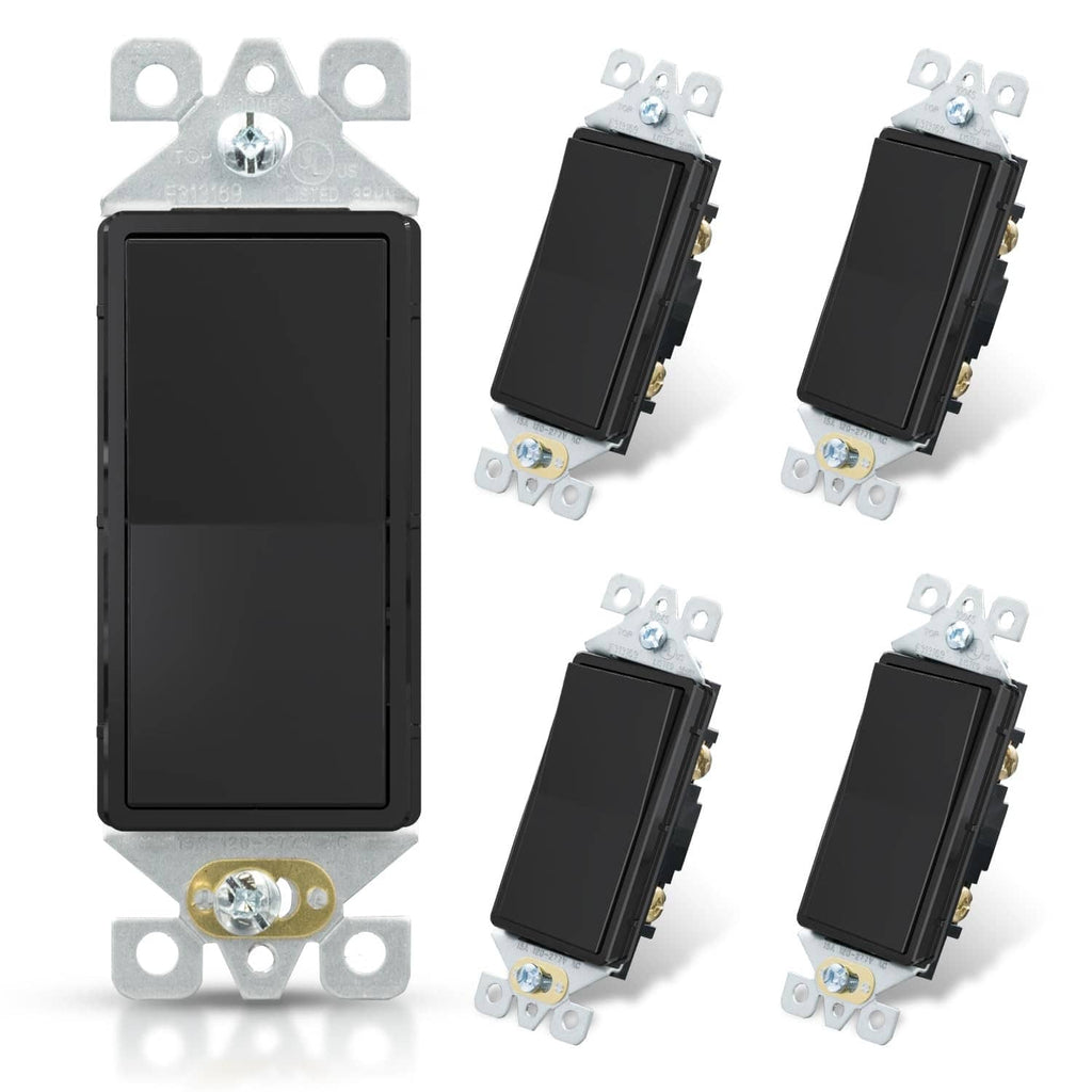Glossy black single-pole decorator light switch with mounting bracket, no wall plate
