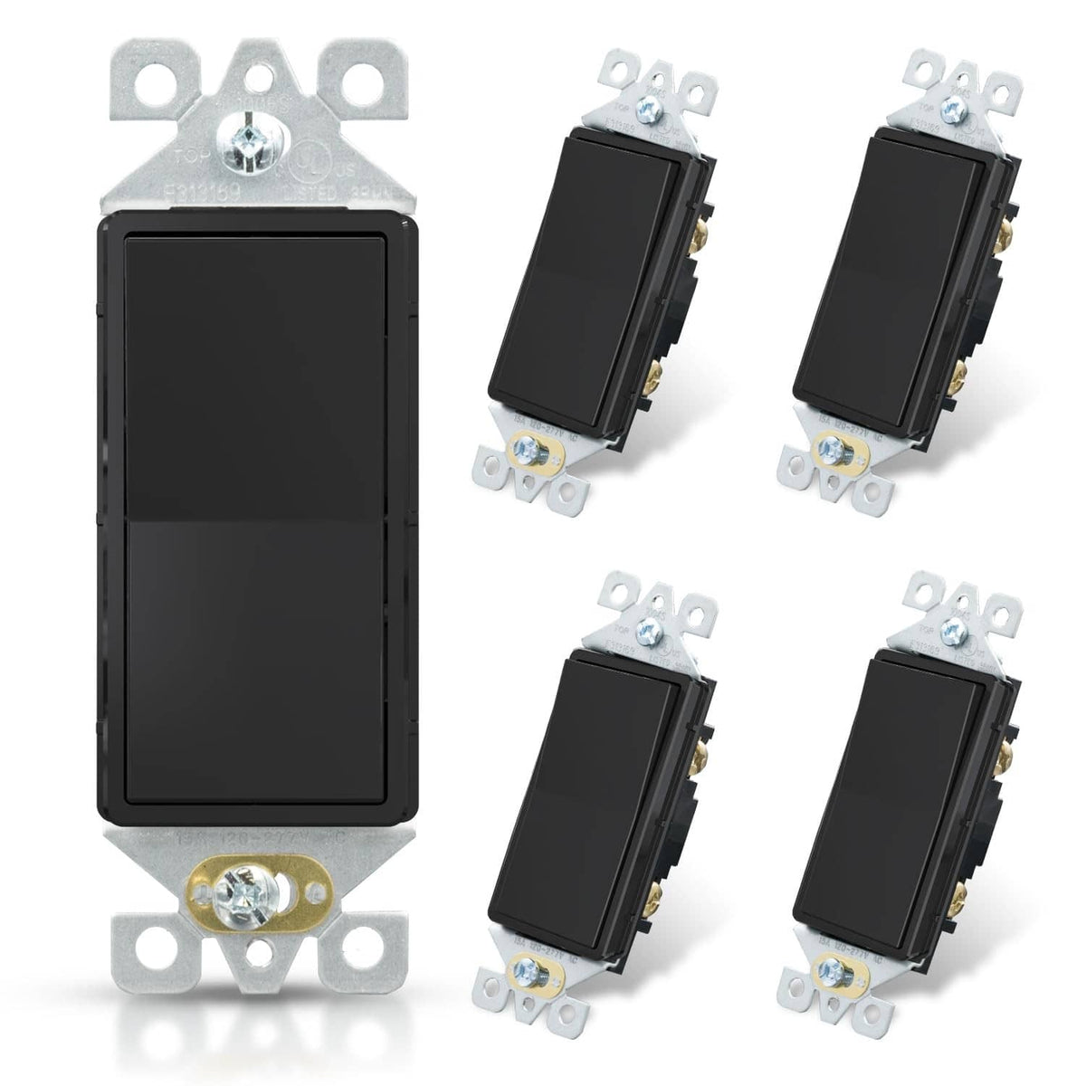 Glossy black single-pole decorator light switch with mounting bracket, no wall plate