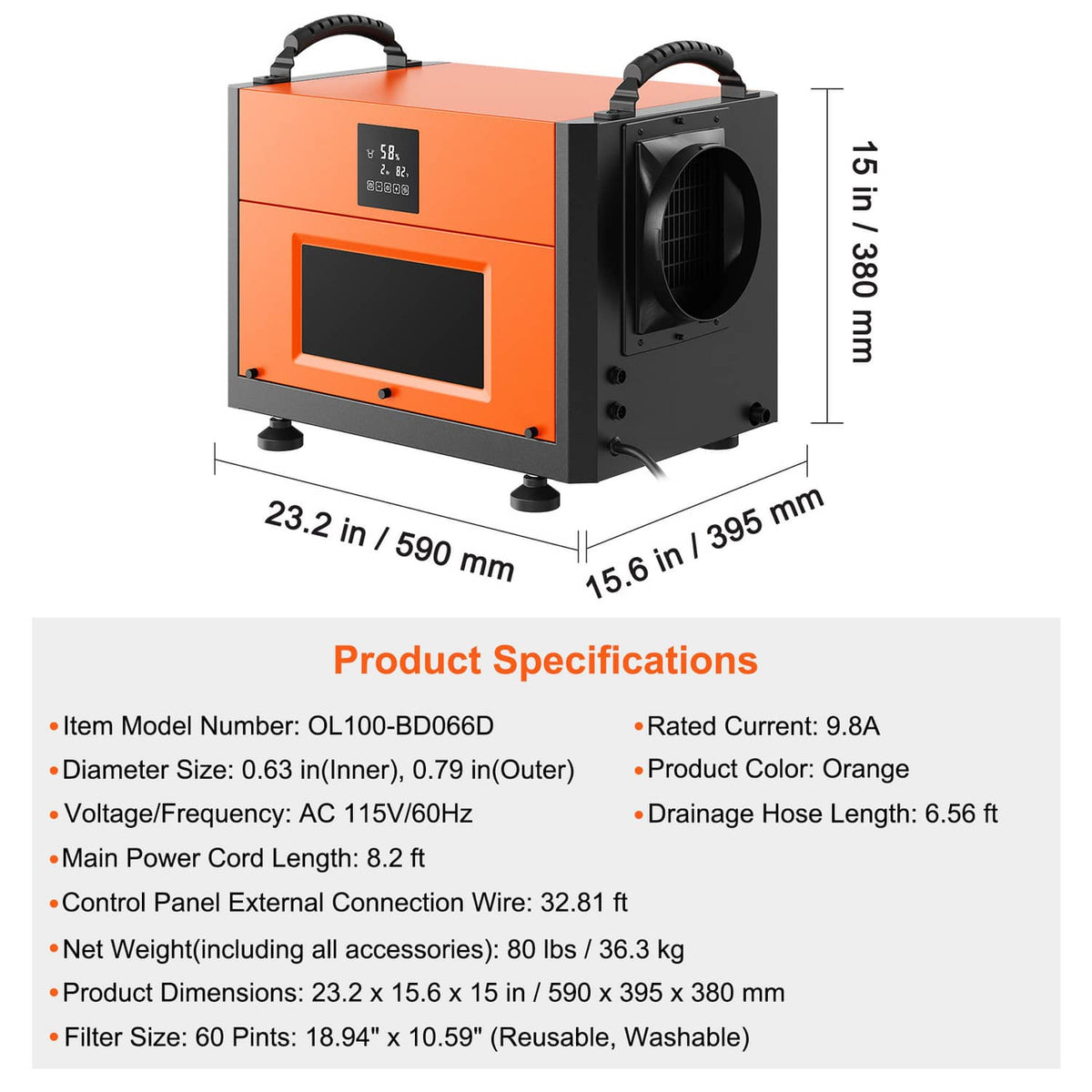 Commercial dehumidifier orange-and-black unit with top handles and side air fan outlet.