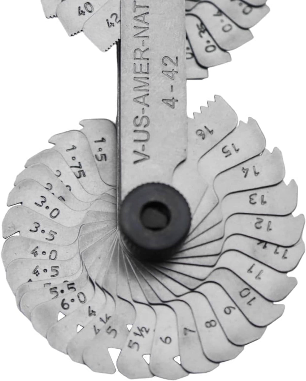 Thread pitch gauge front view showing AMER-NAT text and numbered leaf gauges