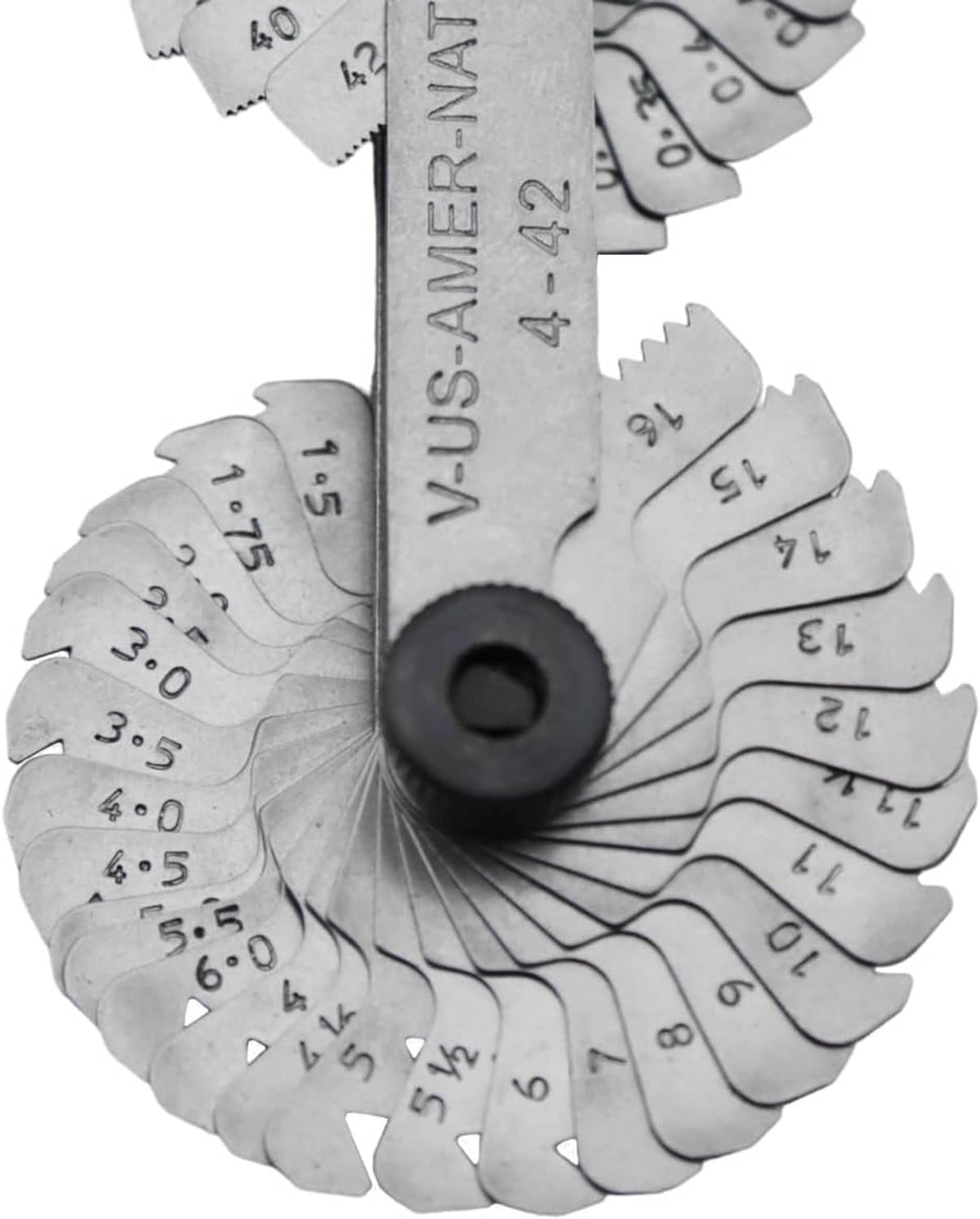 Thread pitch gauge front view showing AMER-NAT text and numbered leaf gauges