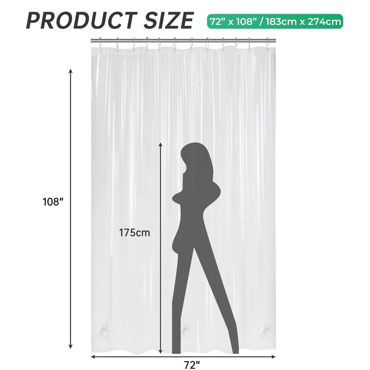 Clear shower curtain liner, 72 in wide and 108 in long, with grommet holes