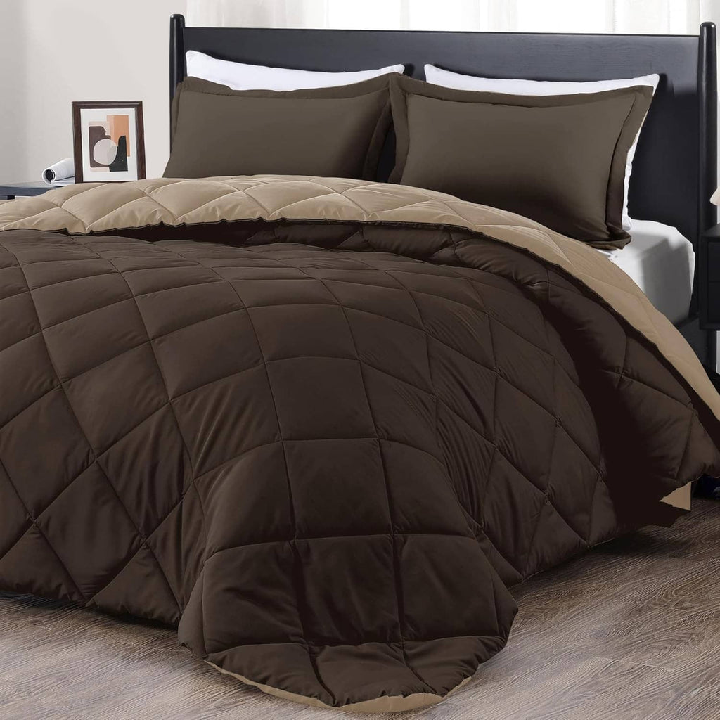 King comforter set with dark brown quilted comforter and tan-trimmed edge