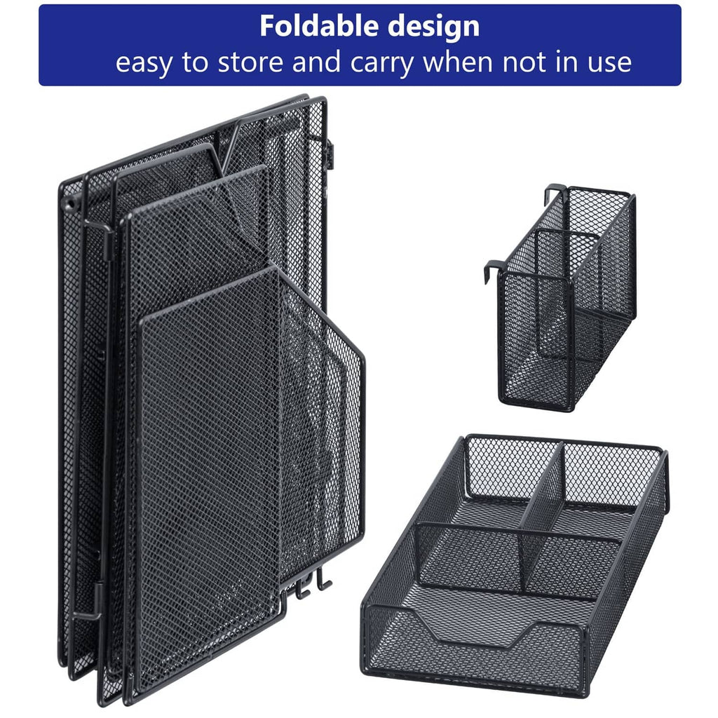 Black foldable desk organizer shown open and folded, with mesh compartments