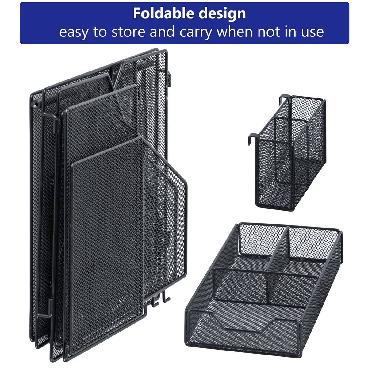 Black foldable desk organizer shown open and folded, with mesh compartments