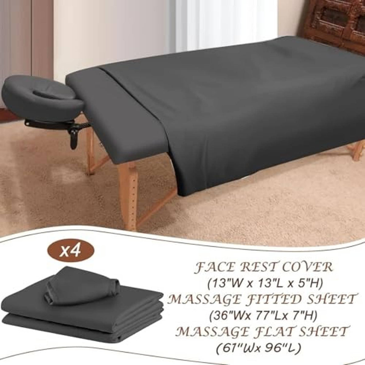 Dark gray microfiber massage table sheets set with folded face rest and flat sheet