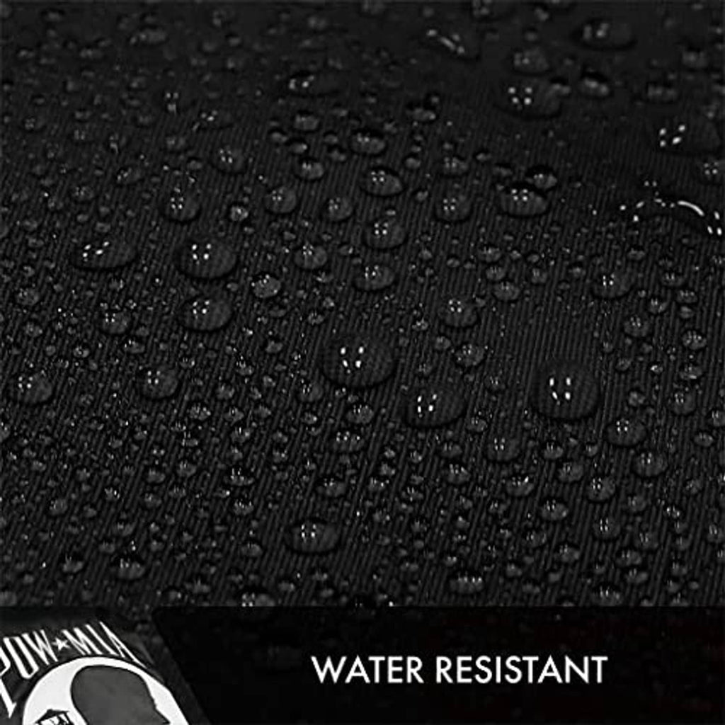 Water-resistant POW-MIA flag fabric with water droplets on black surface
