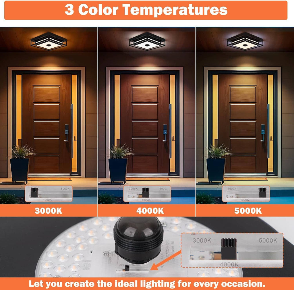 Black LED flush mount outdoor ceiling light showing three color temperatures