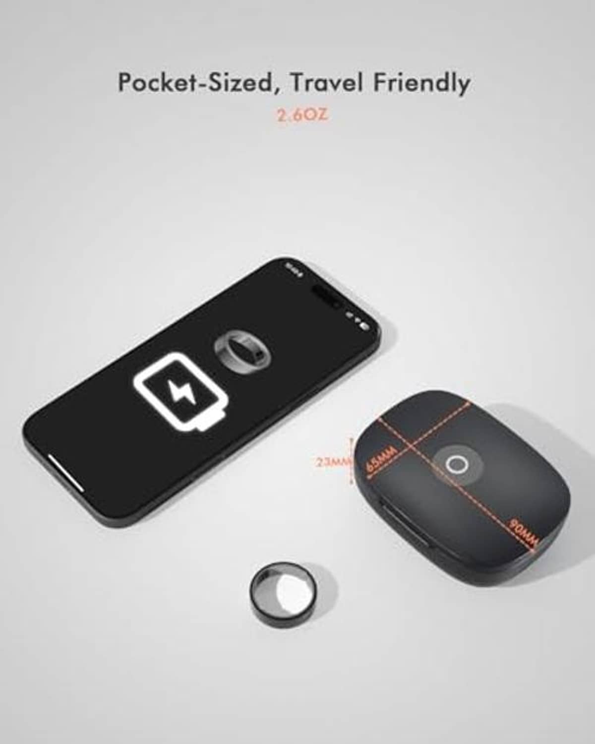 Black charging case with hinged lid, compact travel-friendly design