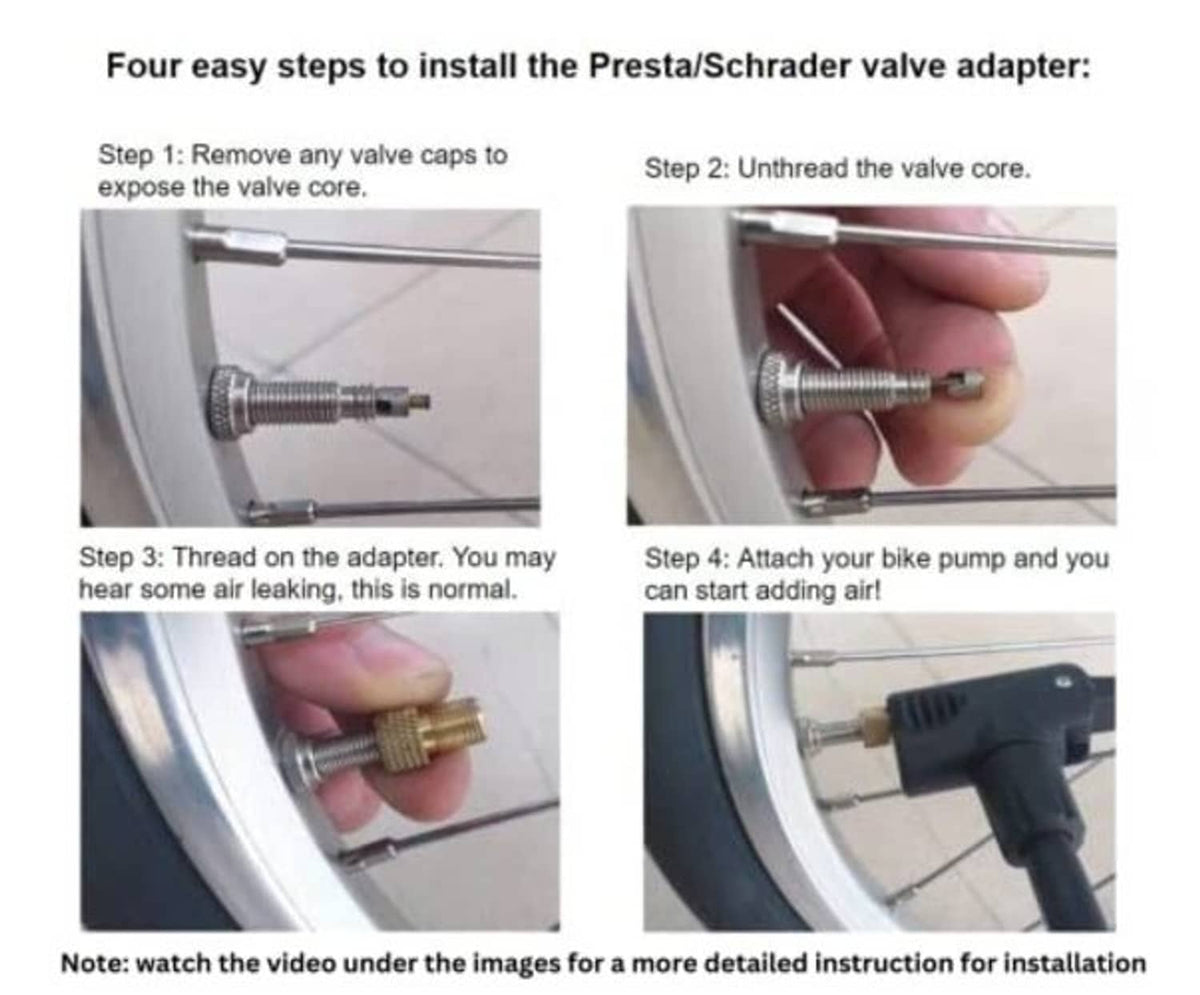 Presta-to-Schrader valve adapter installation steps with a valve core tool