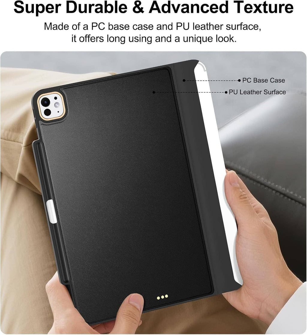 Black textured folio tablet case with rear camera cutout, held in hand