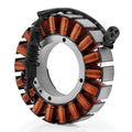 Motorcycle stator assembly with orange copper coils, gray core, and black wiring pigtail