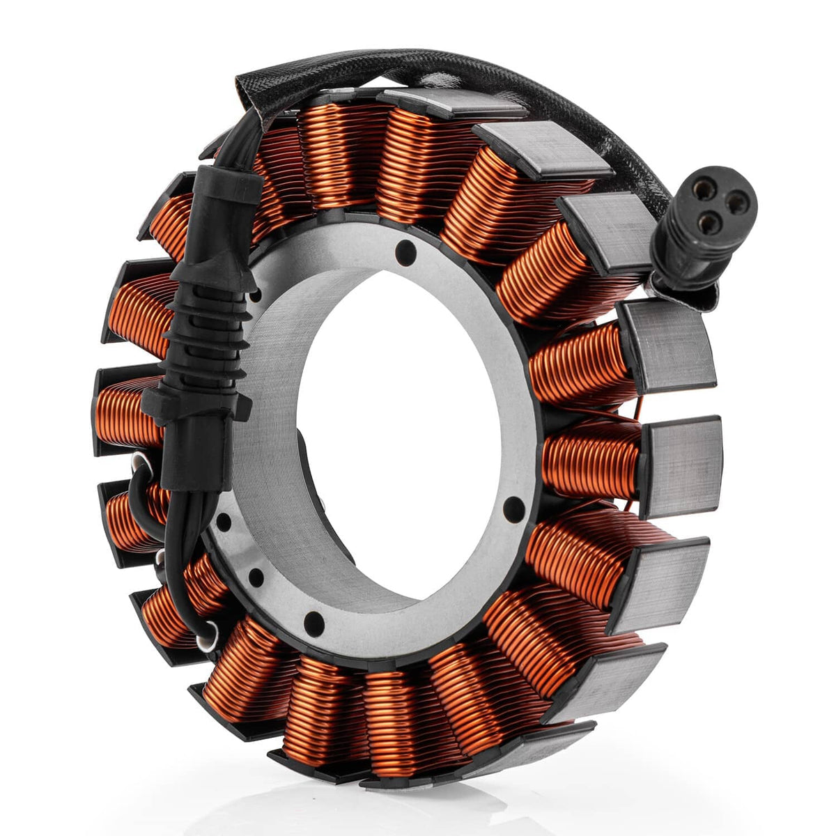 Motorcycle stator assembly with orange copper coils, gray core, and black wiring pigtail