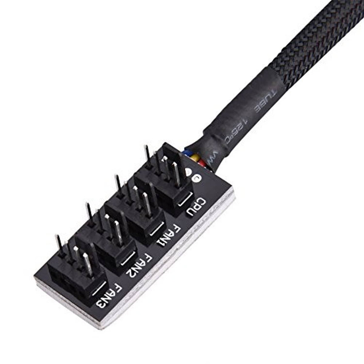 4-pin PWM fan hub adapter with close-up of black fan header board and pins