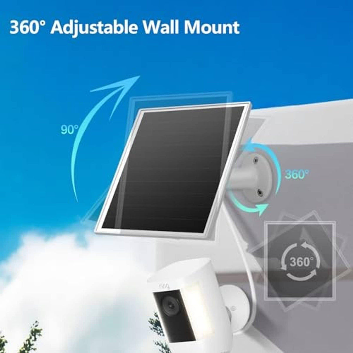 Solar panel with 360-degree wall mount and swiveling bracket for outdoor camera