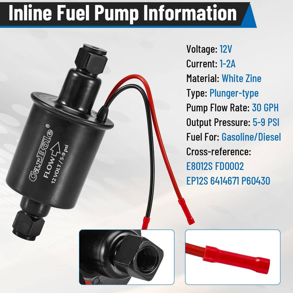 Inline electric fuel pump with black body, red/black wiring leads, and barbed fittings