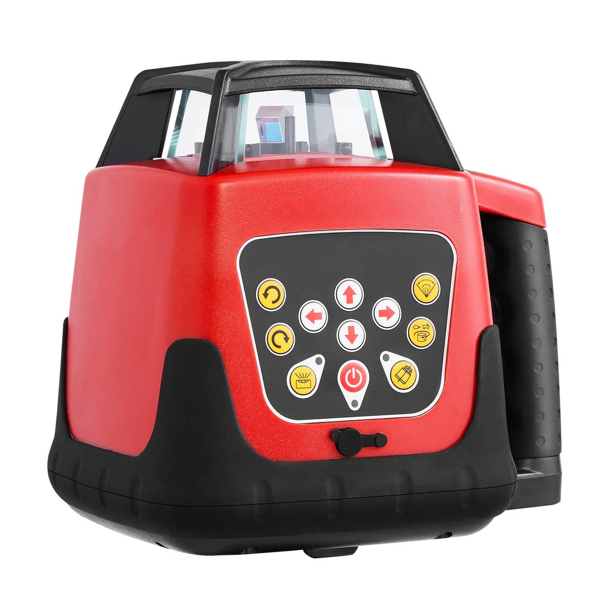 Front view of red and black self-leveling laser level with illuminated button icons