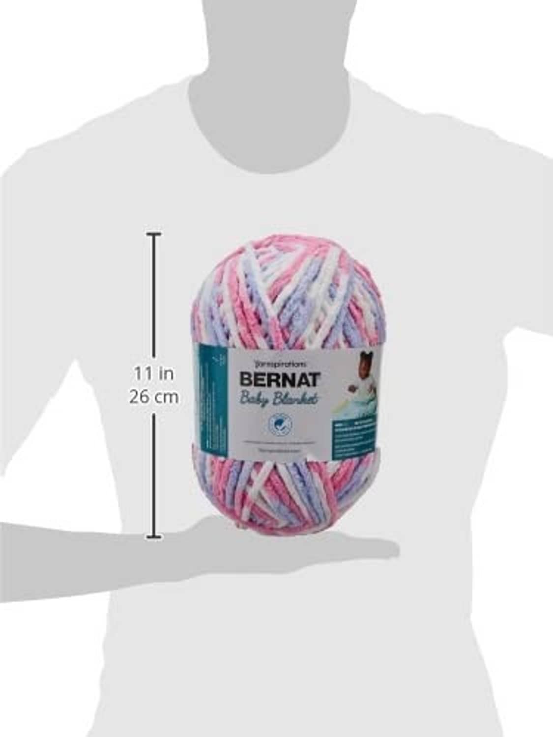 Bernat Baby Blanket chenille yarn skein in pink, blue, and white ombre