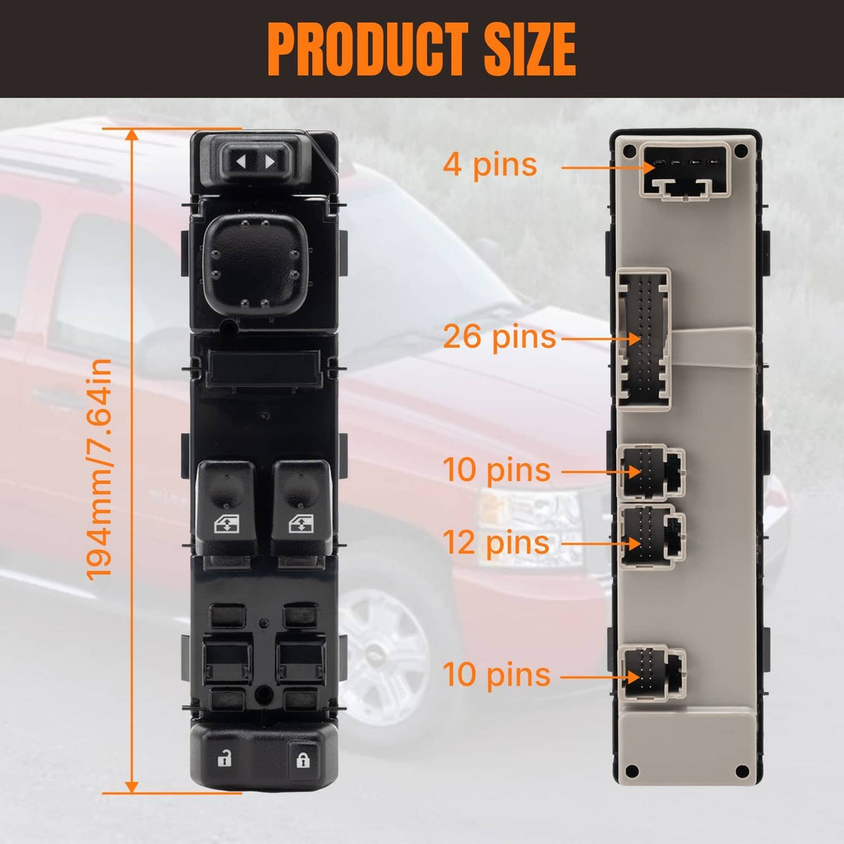 Power window switch showing pin layout and connector ports, front and bottom views