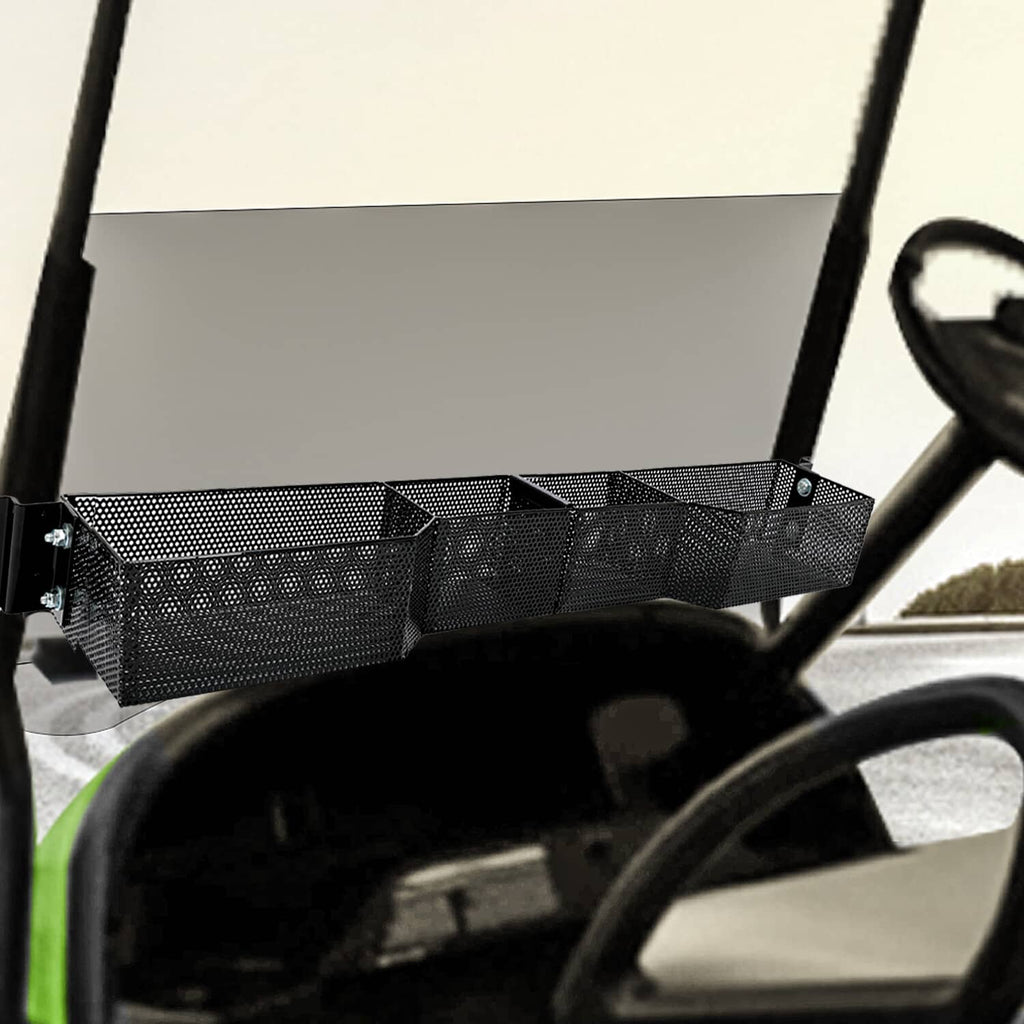 Installed front dash storage tray organizer with black mesh compartments on a golf cart