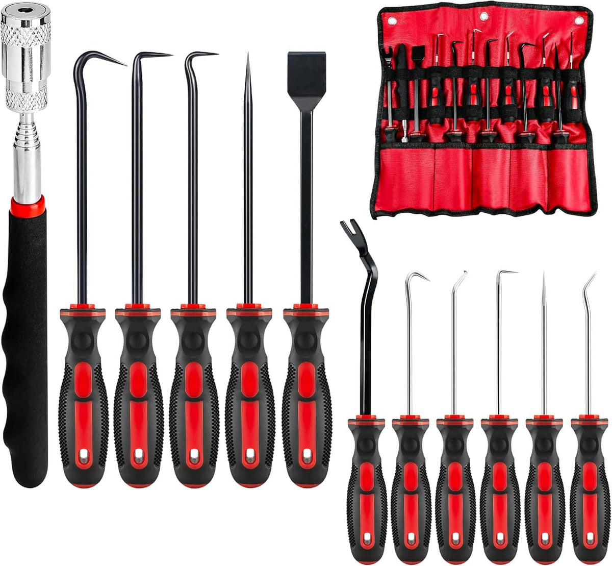 12-piece hook and pick tool set with scraper, magnetic telescoping handle, and red pouch